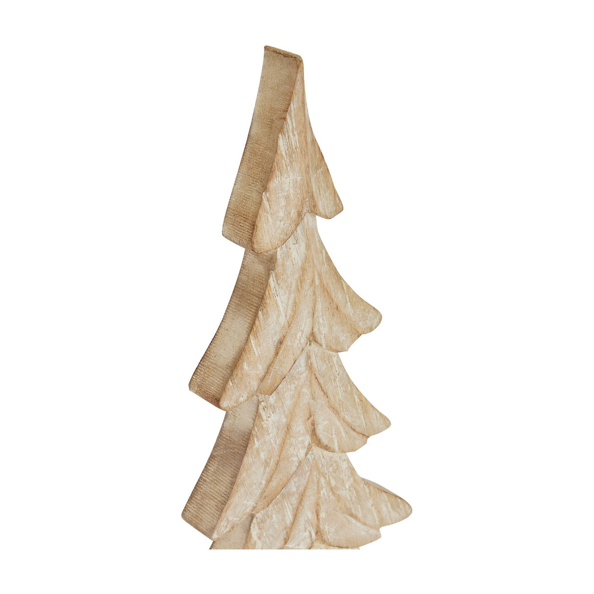 Hill Interiors Wood Christmas Tree in brown, a carved fir-shaped decoration with layered cut-out branches and natural whitewashed grain, on a white background.