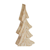 Hill Interiors Wood Christmas Tree in brown, a carved fir-shaped decoration with layered cut-out branches and natural whitewashed grain, on a white background.
