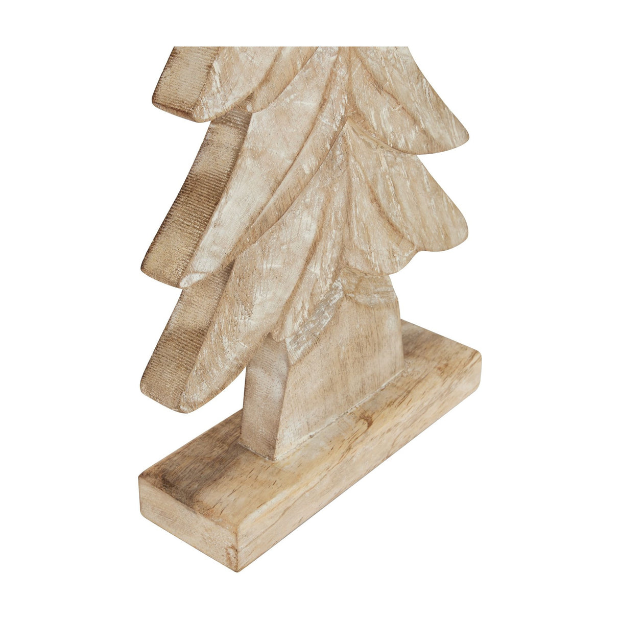 Hill Interiors Wood Christmas Tree in brown, close-up of the carved layered fir silhouette and rectangular base against a plain white background.
