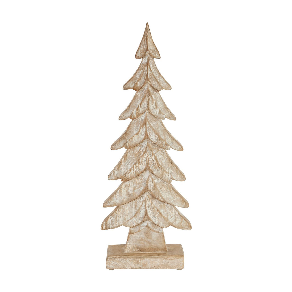 Hill Interiors Wood Large Christmas Tree in brown, a tiered carved timber decoration with whitewashed grain finish on a rectangular base, shown against white.