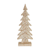 Hill Interiors Wood Large Christmas Tree in brown, a tiered carved timber decoration with whitewashed grain finish on a rectangular base, shown against white.