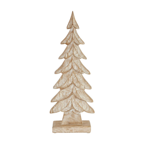 Hill Interiors Wood Large Christmas Tree in brown, a tiered carved timber decoration with whitewashed grain finish on a rectangular base, shown against white.