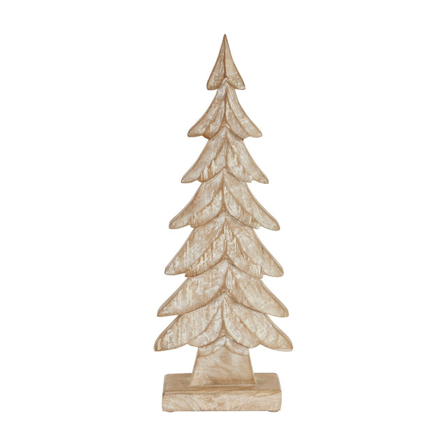 Hill Interiors Wood Large Christmas Tree in brown, a tiered carved timber decoration with whitewashed grain finish on a rectangular base, shown against white.