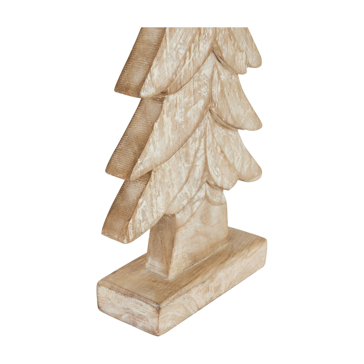 Close-up of the Hill Interiors Wood Large Christmas Tree in brown, showing carved tiered branches, whitewashed grain finish and rectangular wooden base.