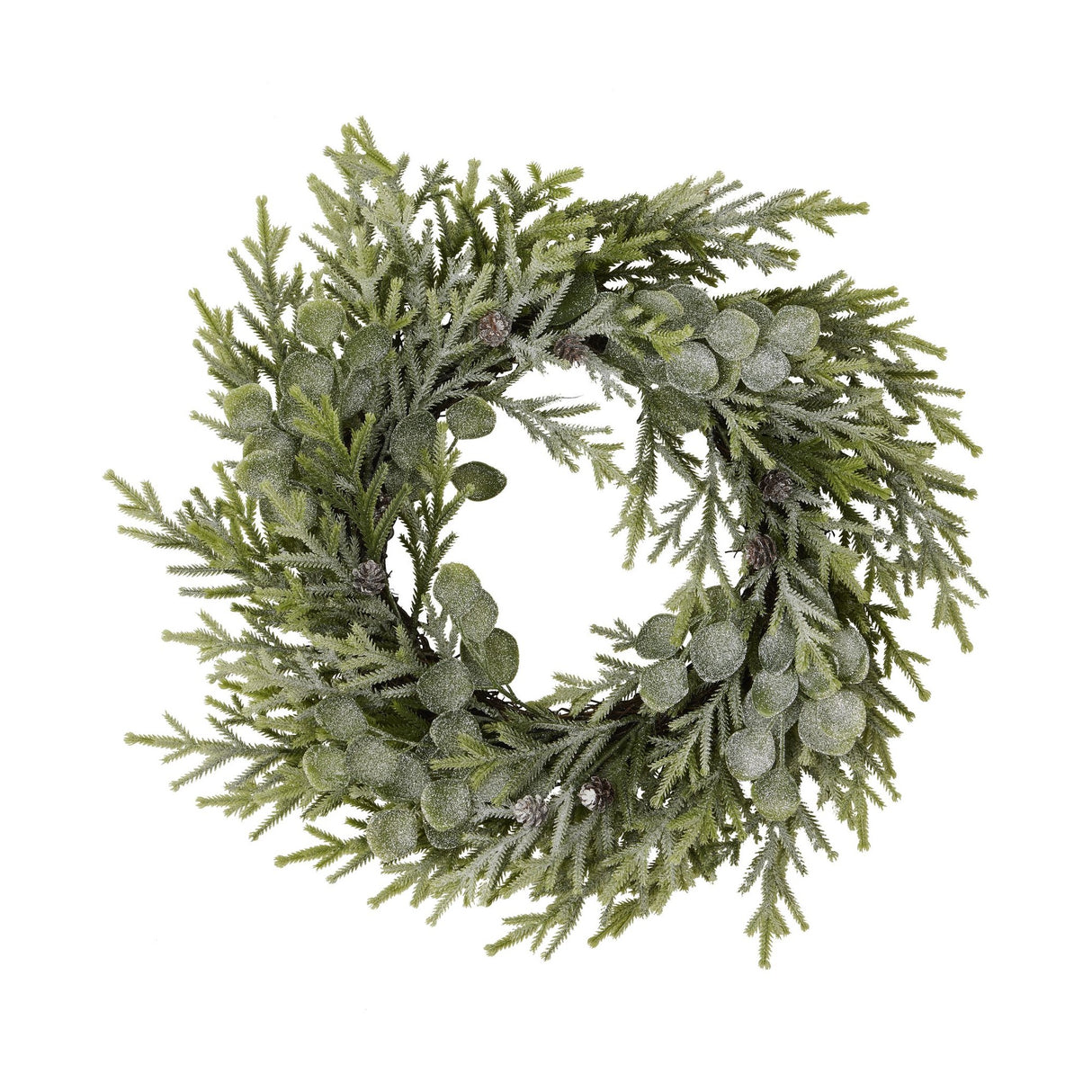 Hill Interiors 50cm Frosted Pine and Eucalyptus Wreath with faux pine sprigs, eucalyptus leaves and small pinecones on a white background.