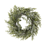 Hill Interiors 50cm Frosted Pine and Eucalyptus Wreath with faux pine sprigs, eucalyptus leaves and small pinecones on a white background.