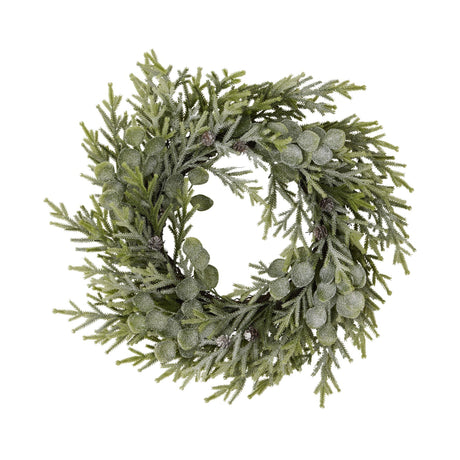 Hill Interiors 50cm Frosted Pine and Eucalyptus Wreath with faux pine sprigs, eucalyptus leaves and small pinecones on a white background.