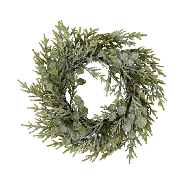 Hill Interiors 50cm Frosted Pine and Eucalyptus Wreath with faux pine sprigs, eucalyptus leaves and small pinecones on a white background.