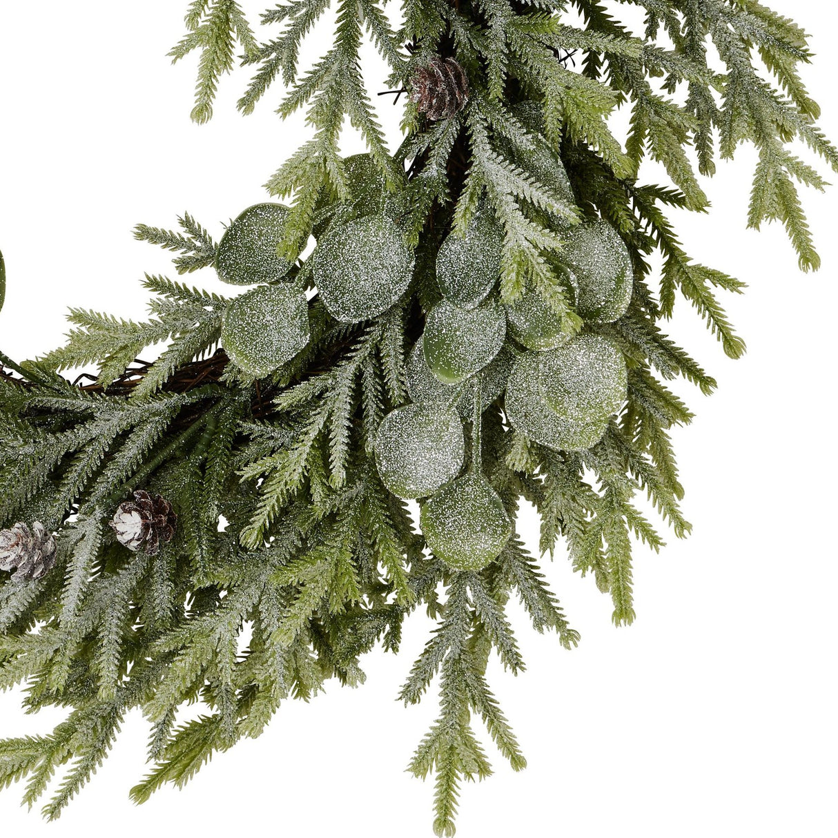 Close-up of Hill Interiors Frosted Pine and Eucalyptus Wreath 50cm in white, showing frosted pine sprigs, eucalyptus leaves and small pinecones.