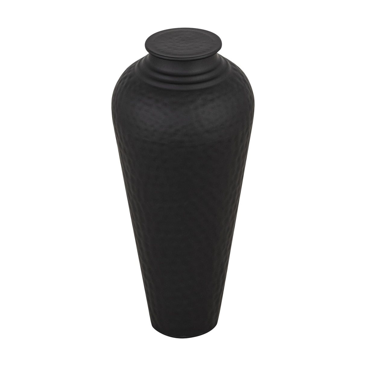 Hill Interiors matt black metal vase with fitted lid, tall tapered body and hammered texture, shown on a plain white background.
