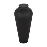 Hill Interiors matt black metal vase with fitted lid, tall tapered body and hammered texture, shown on a plain white background.
