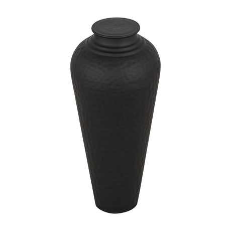 Hill Interiors matt black metal vase with fitted lid, tall tapered body and hammered texture, shown on a plain white background.