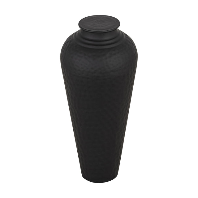 Hill Interiors matt black metal vase with fitted lid, tall tapered body and hammered texture, shown on a plain white background.