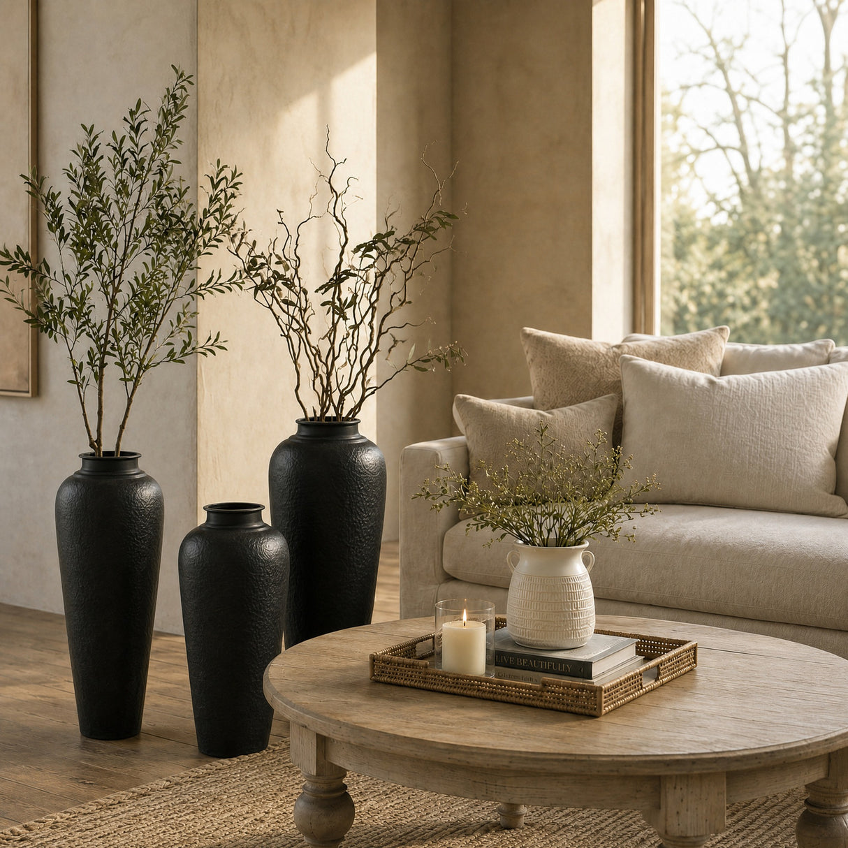 Hill Interiors Matt Black Metal Vases with Lid on a wooden floor by a linen sofa, holding olive branches and twisted stems in a sunlit living room.