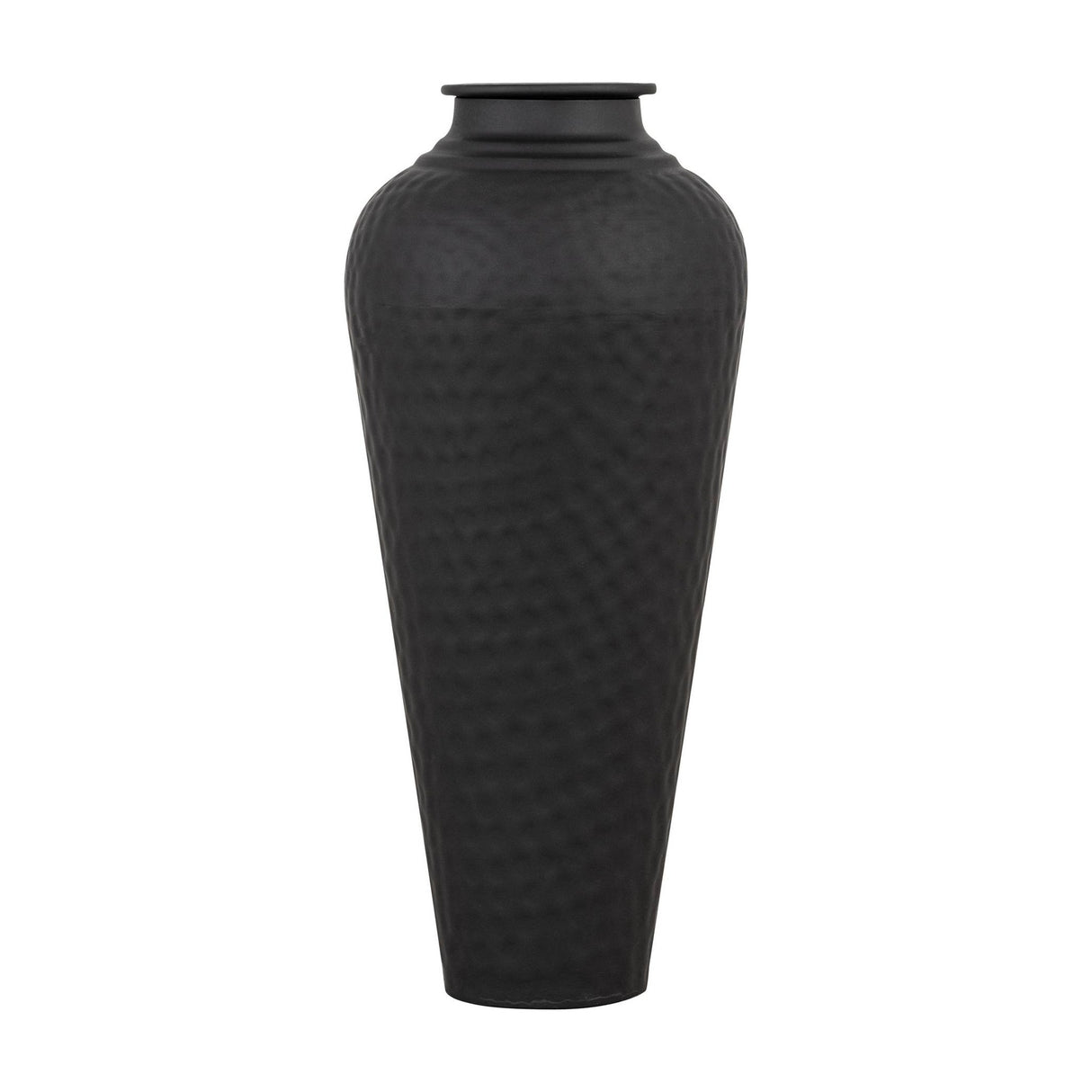 Hill Interiors matt black metal vase with a hammered texture, tapered body and fitted lid, shown against a plain white background.