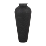 Hill Interiors matt black metal vase with a hammered texture, tapered body and fitted lid, shown against a plain white background.