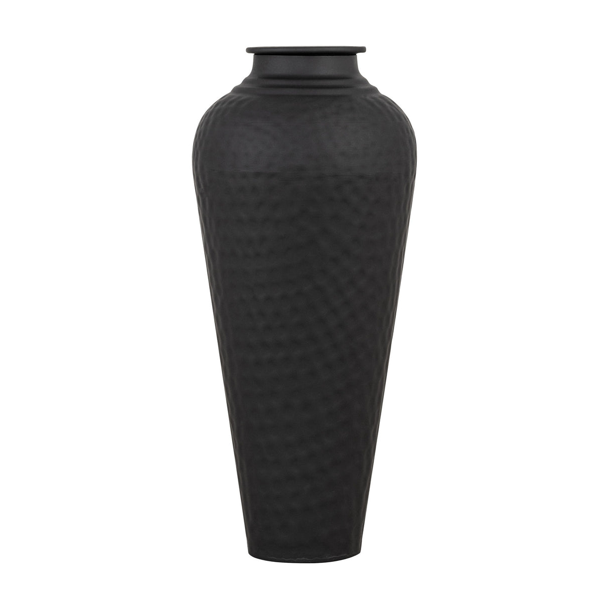 Hill Interiors Matt Black Metal Vase with Lid, a tall tapered 41cm floor vase with hammered texture and fitted lid, shown on a plain white background.