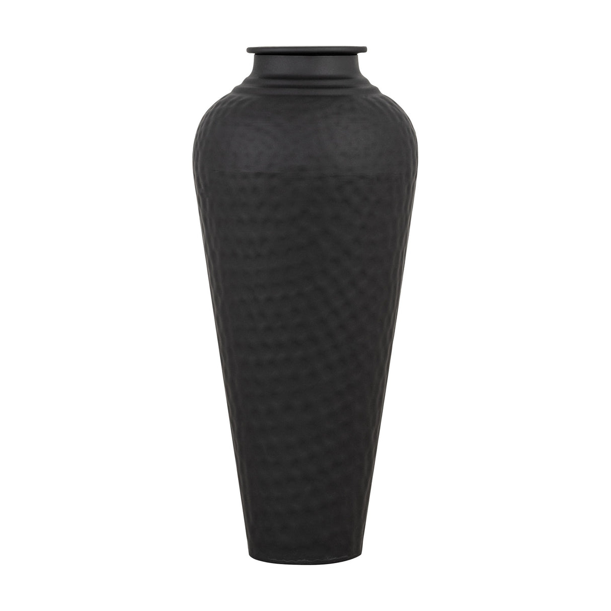 Hill Interiors Matt Black Metal Vase with Lid, a tall tapered 41cm vessel with hammered texture and fitted lid, shown on a plain white background.
