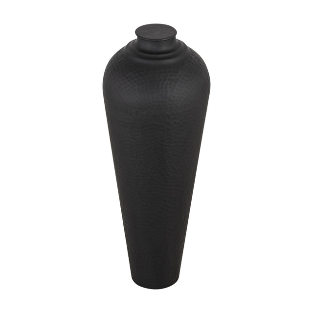 Hill Interiors Matt Black Metal Lidded Vase in medium size, with a tall tapering hammered silhouette and removable lid, shown on a white background.