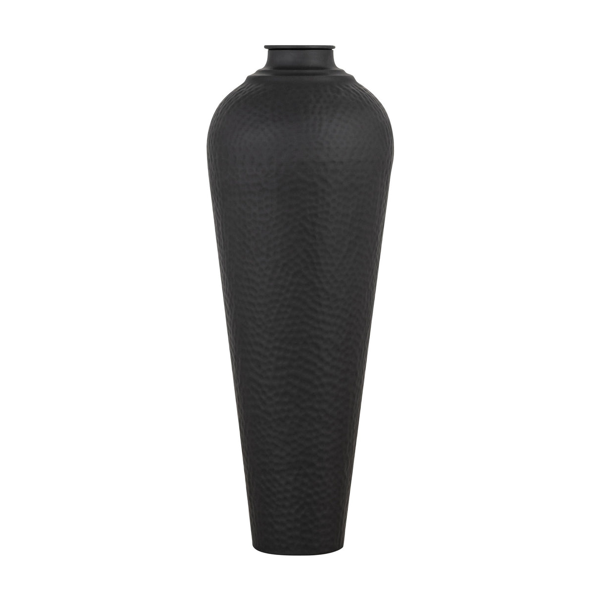 Hill Interiors Matt Black Metal Lidded Vase in medium size, with a tall tapering hammered body and small lidded neck, shown on a white background.
