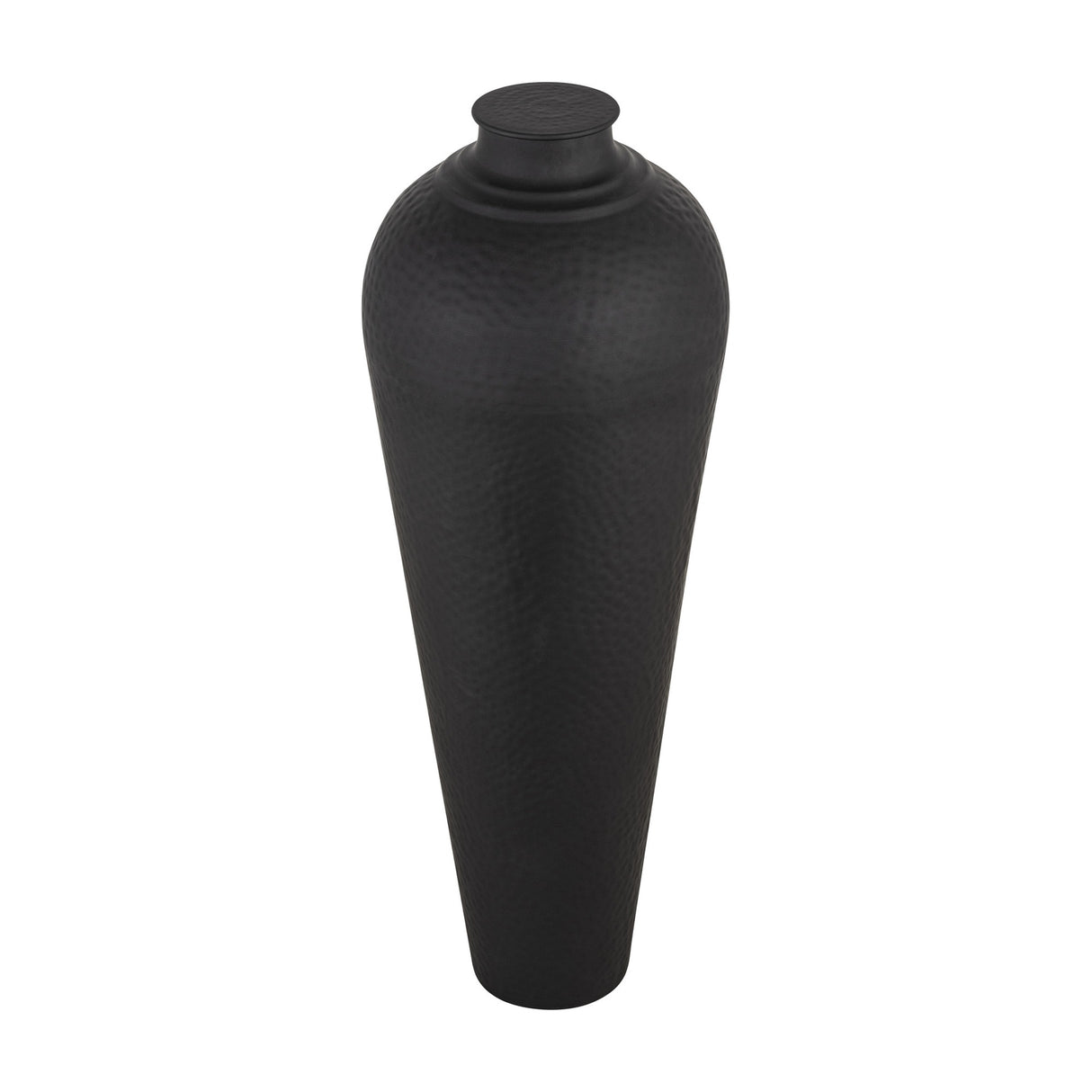 Hill Interiors Matt Black Large Lidded Metal Vase with a tall tapered hammered-texture body and fitted lid, shown on a plain white background.