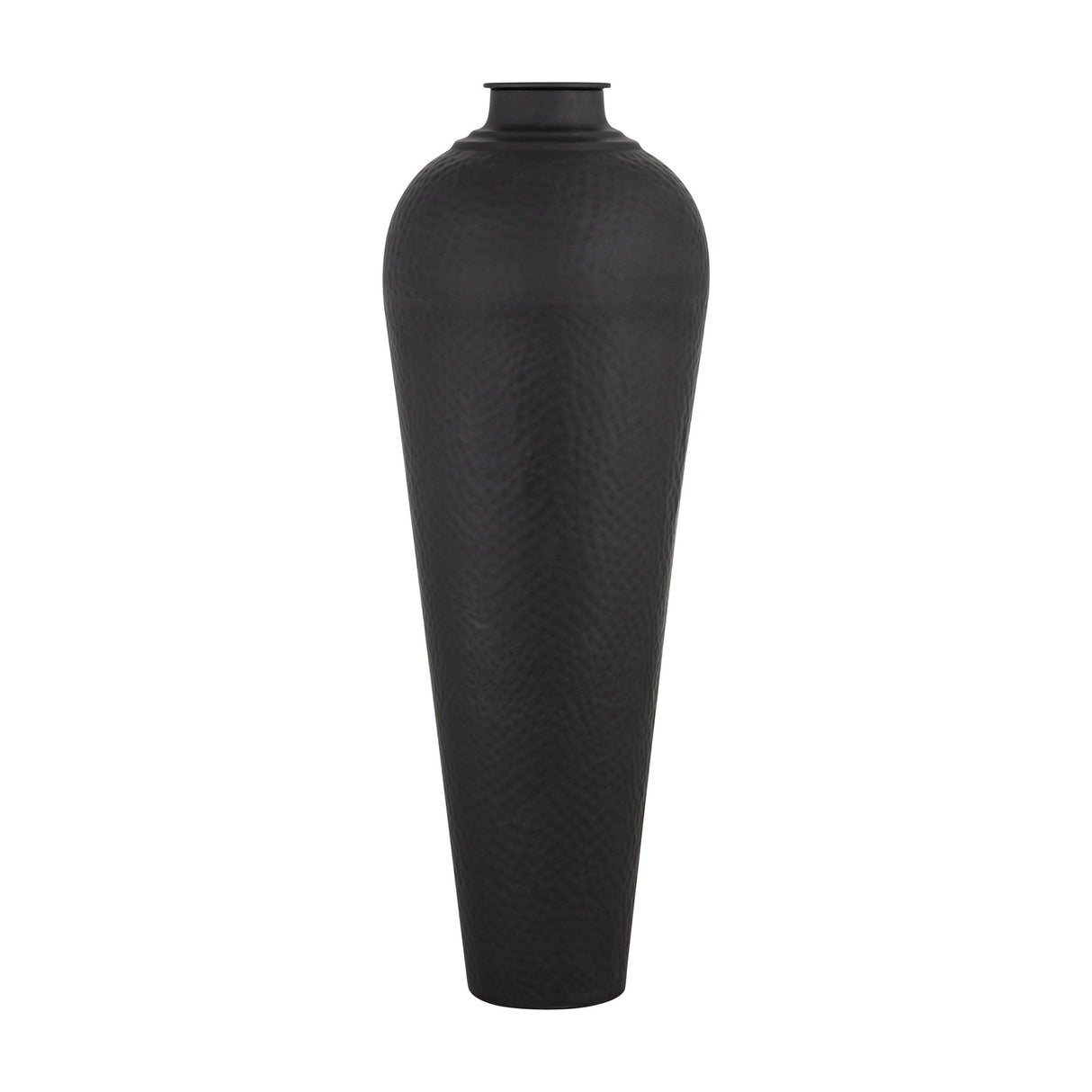 Hill Interiors Matt Black Large Lidded Metal Vase with tapered hammered body and fitted lid, shown against a plain white background.