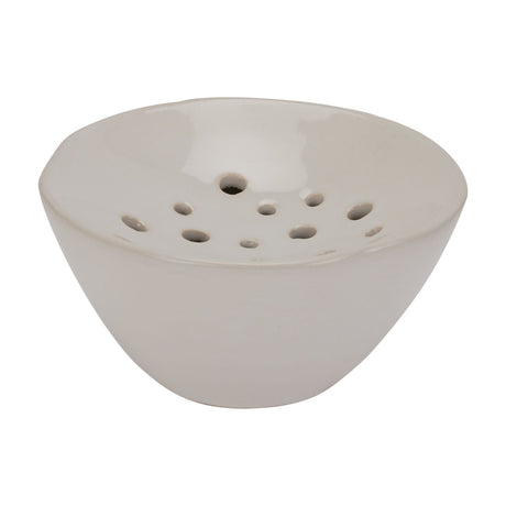 Hill Interiors ceramic flower frog vase in white with a low rounded body and perforated domed top for holding stems, shown on a plain white background.