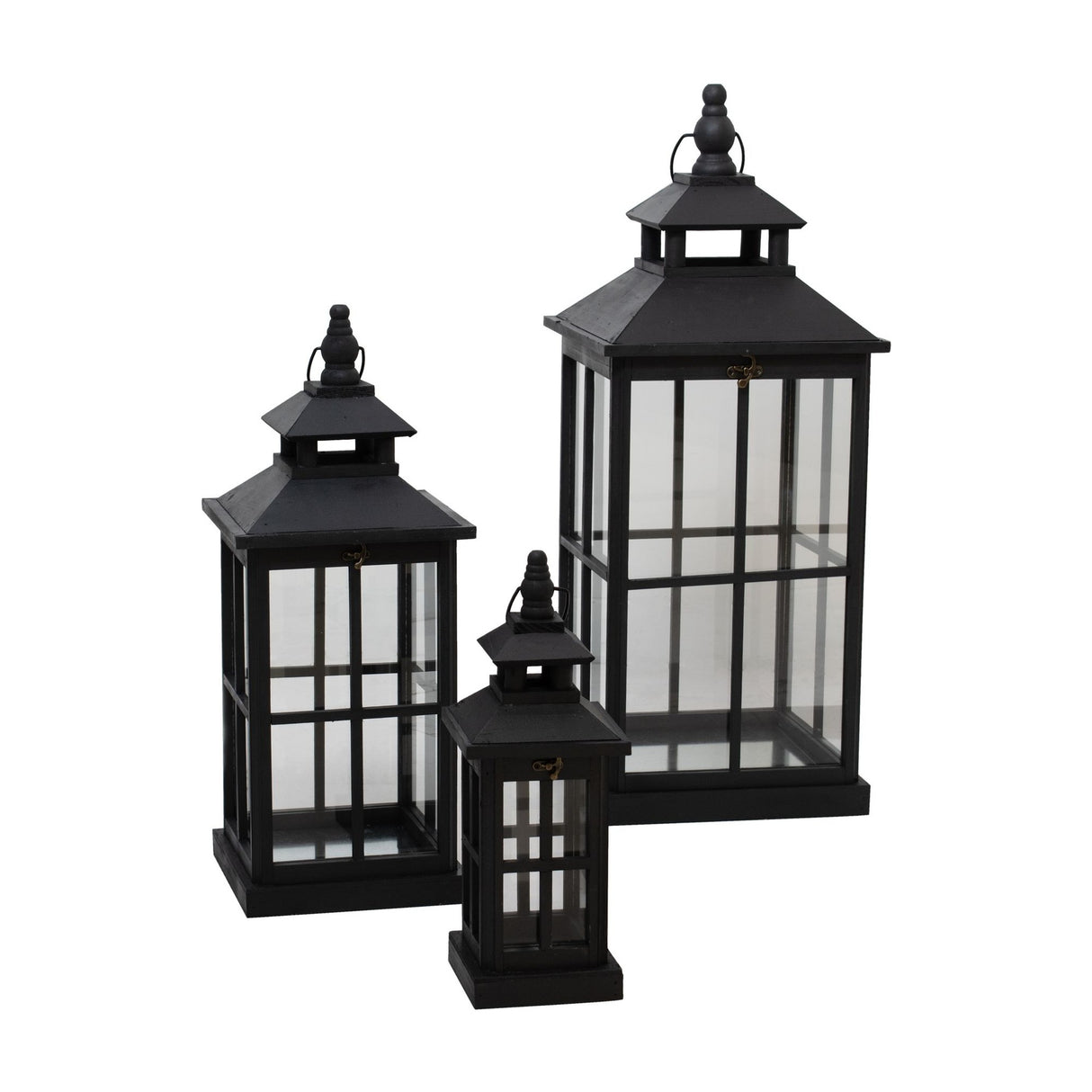Set of 3 Window-Style Open-Top Glass Lanterns – Black