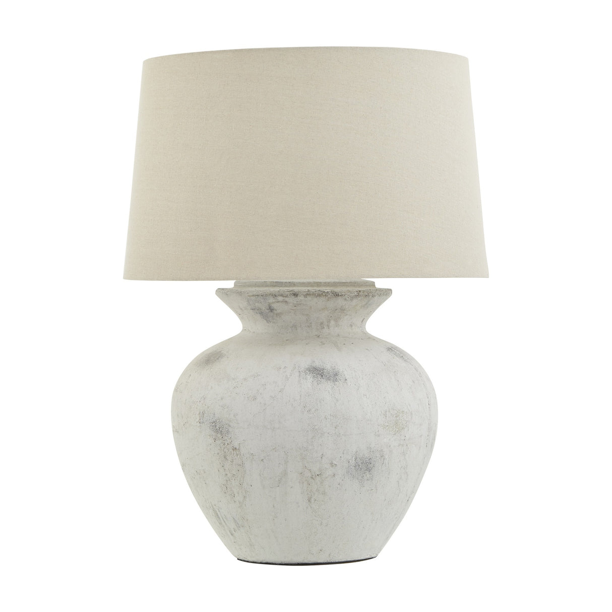 Hill Interiors 76cm ceramic table lamp with a rounded urn-shaped antique white glazed base and tapered neutral linen drum shade, on a plain background.