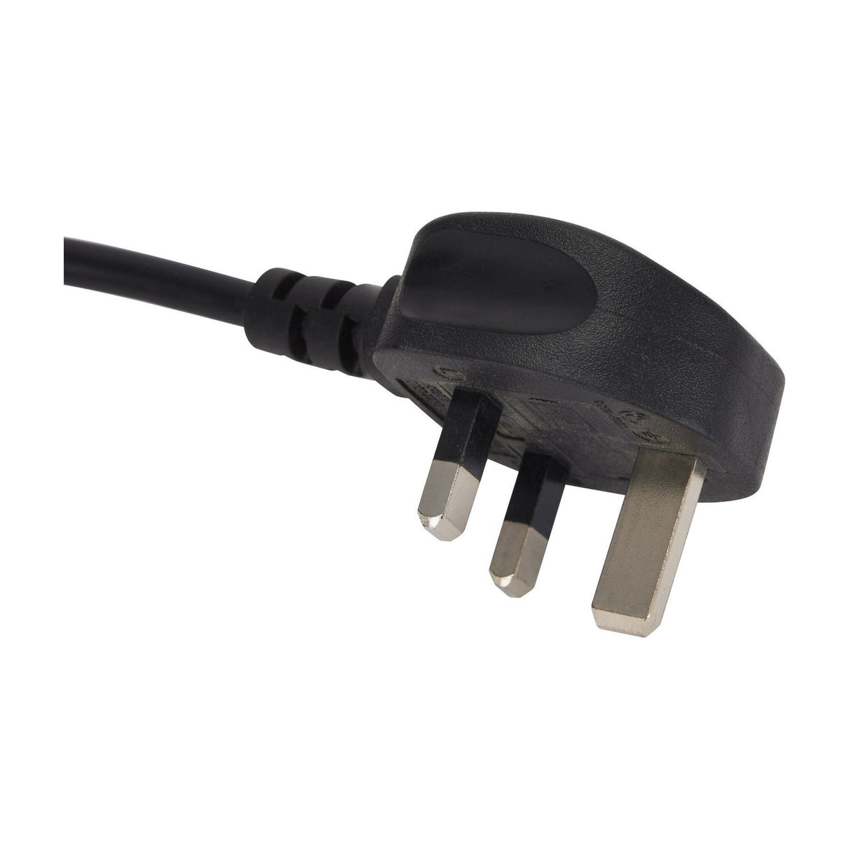 Close-up of a black UK three-pin plug with moulded cable, shown against a plain white background.
