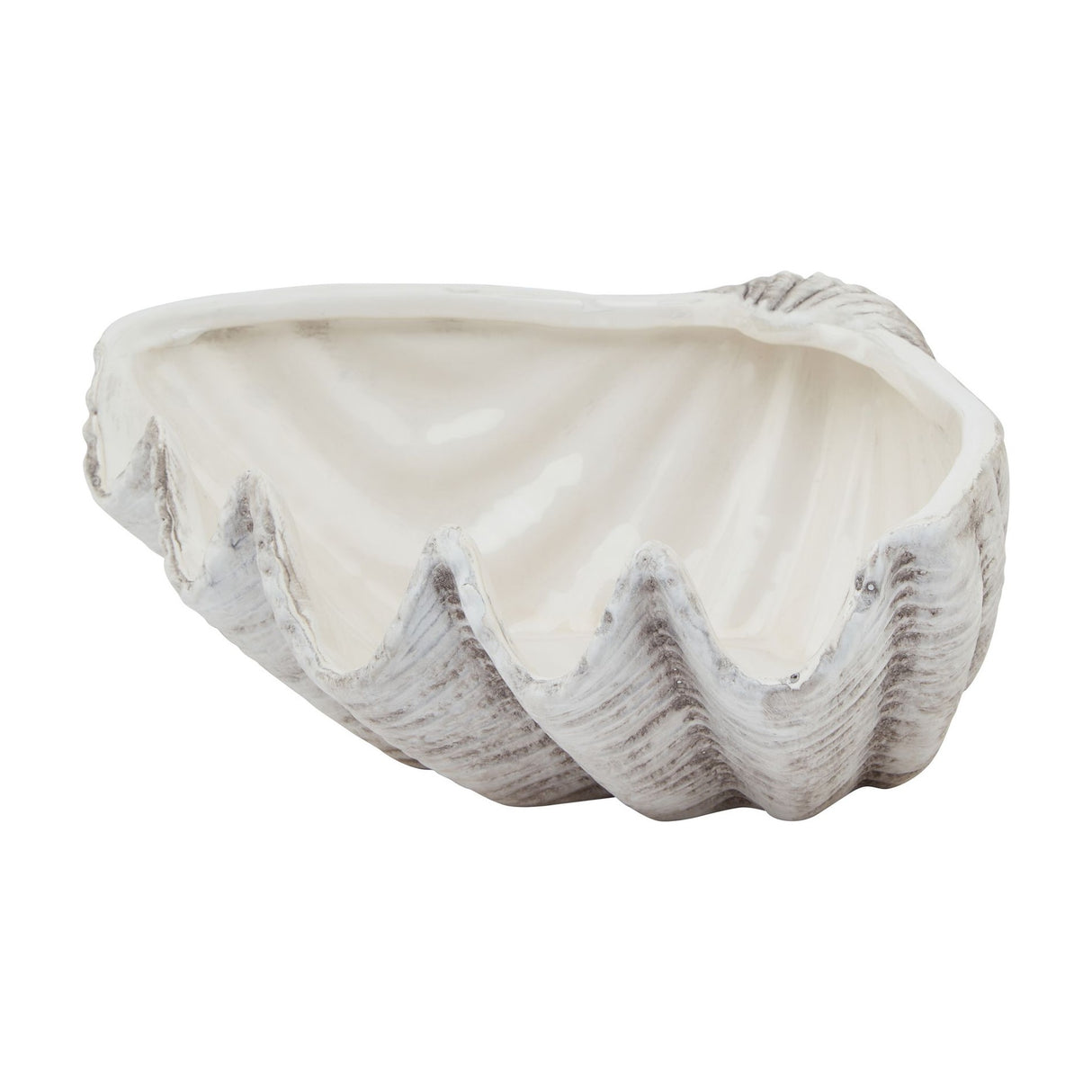 Hill Interiors medium ceramic shell bowl planter in white with fluted scallop ridges and a glazed interior, shown on a plain white background.