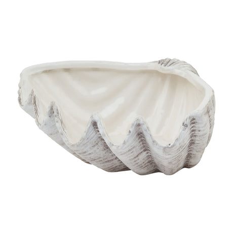 Hill Interiors medium ceramic shell bowl planter in white with fluted scallop ridges and a glazed interior, shown on a plain white background.