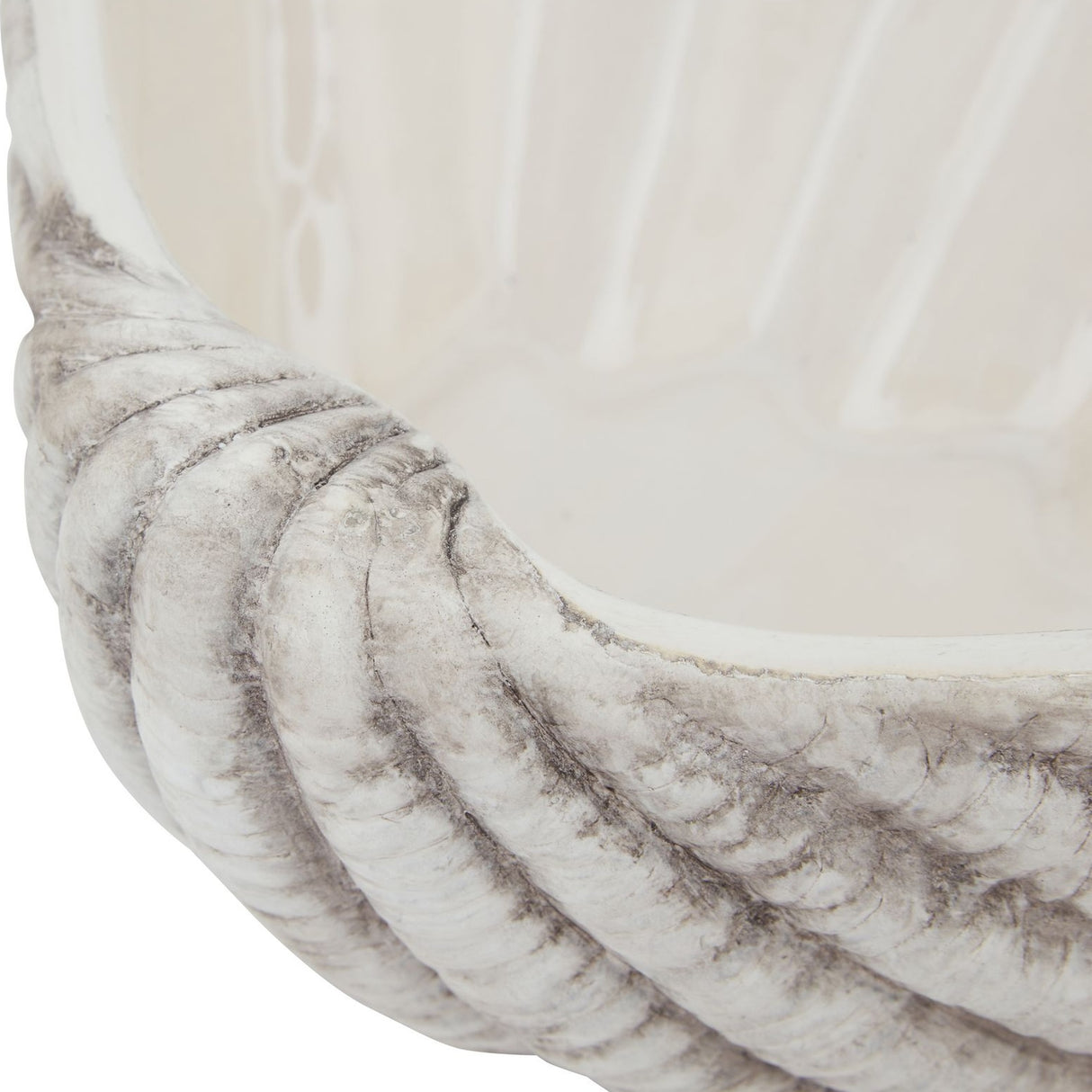 Close-up of Hill Interiors medium ceramic shell bowl planter in white, showing the fluted rope-like rim and smooth glazed interior.