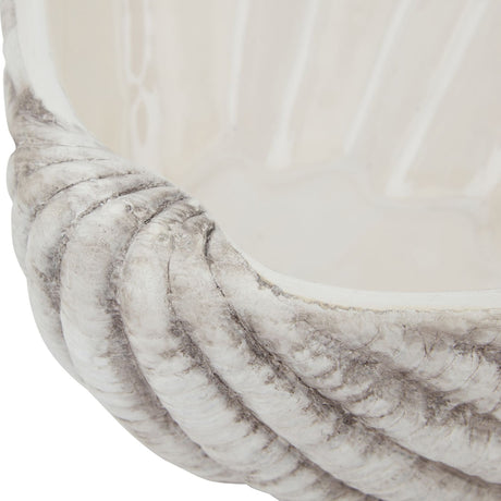 Close-up of Hill Interiors medium ceramic shell bowl planter in white, showing the fluted rope-like rim and smooth glazed interior.