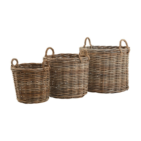 Hill Interiors Set of 3 Round Rattan Storage Baskets in brown, graduated woven wicker trio with looped handles, shown on a plain white background.