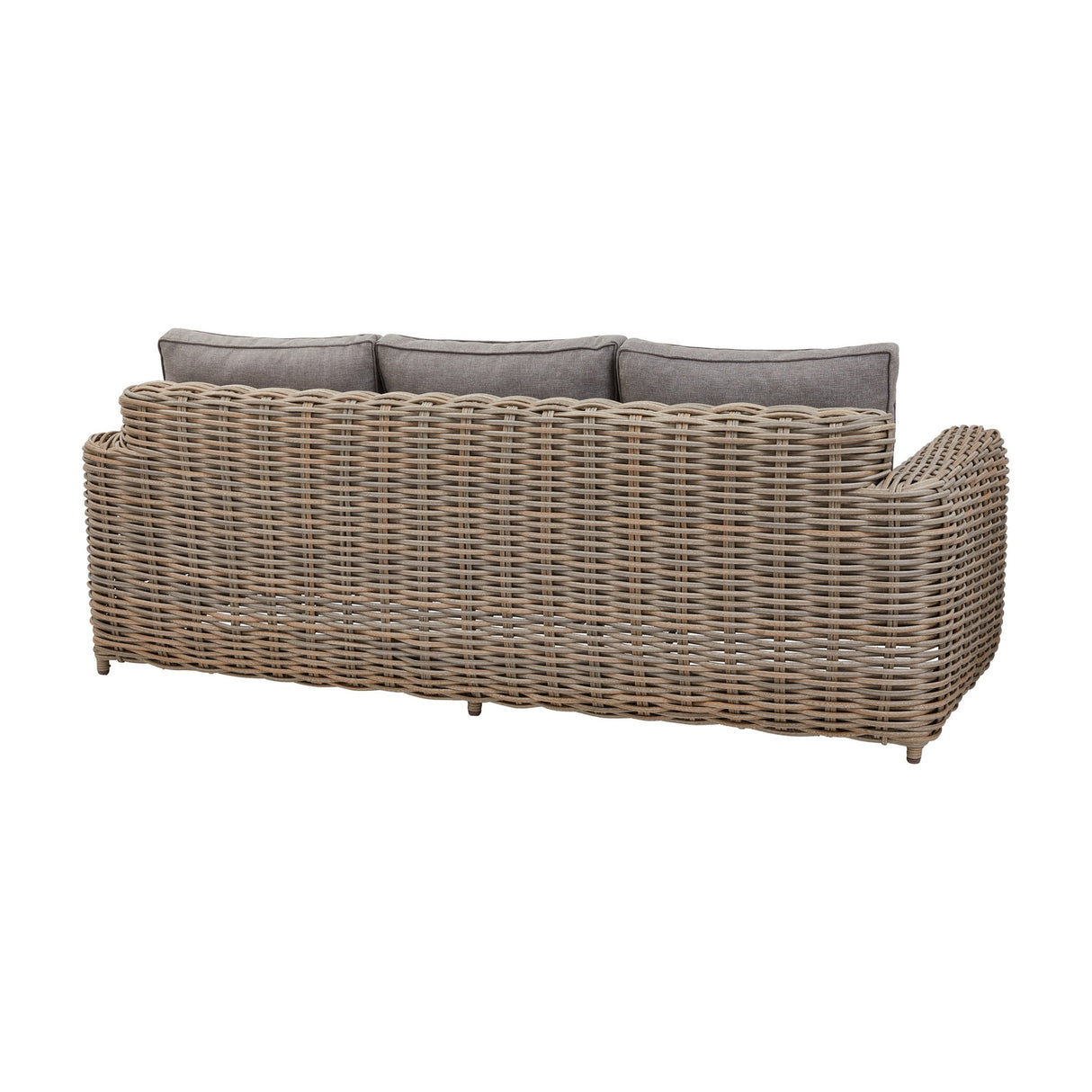 Rear view of Hill Interiors Outdoor Five Seater Garden Lounge Set in beige woven rattan-effect with grey back cushions, on a plain white background.