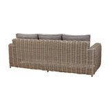 Rear view of Hill Interiors Outdoor Five Seater Garden Lounge Set in beige woven rattan-effect with grey back cushions, on a plain white background.