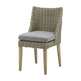 Hill Interiors Outdoor Dining Chair in beige with woven rattan-effect back and sides, grey seat cushion and tapered wooden legs on a white background.
