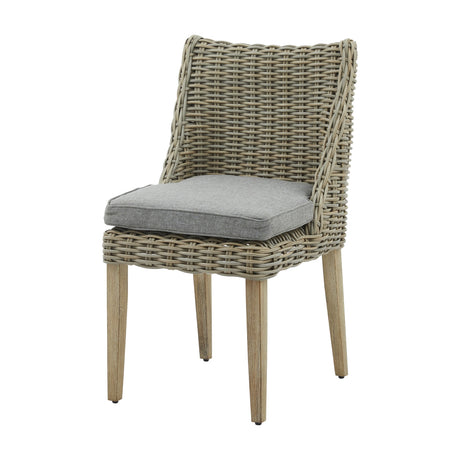 Hill Interiors Rattan Garden Dining Chair in beige with woven high back, grey seat cushion and tapered wooden legs on a white background.
