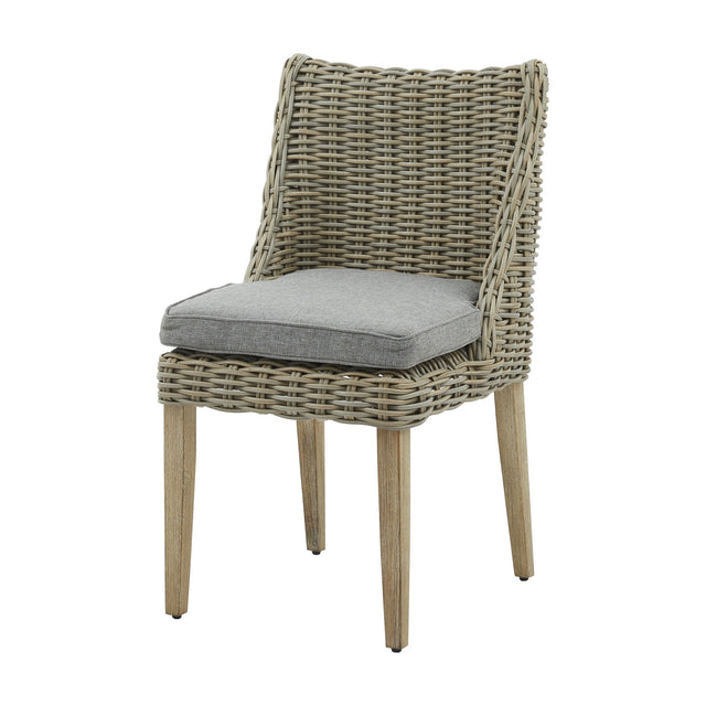 Hill Interiors Outdoor Dining Chair in beige with woven rattan-effect back and sides, grey seat cushion and tapered wooden legs on a white background.