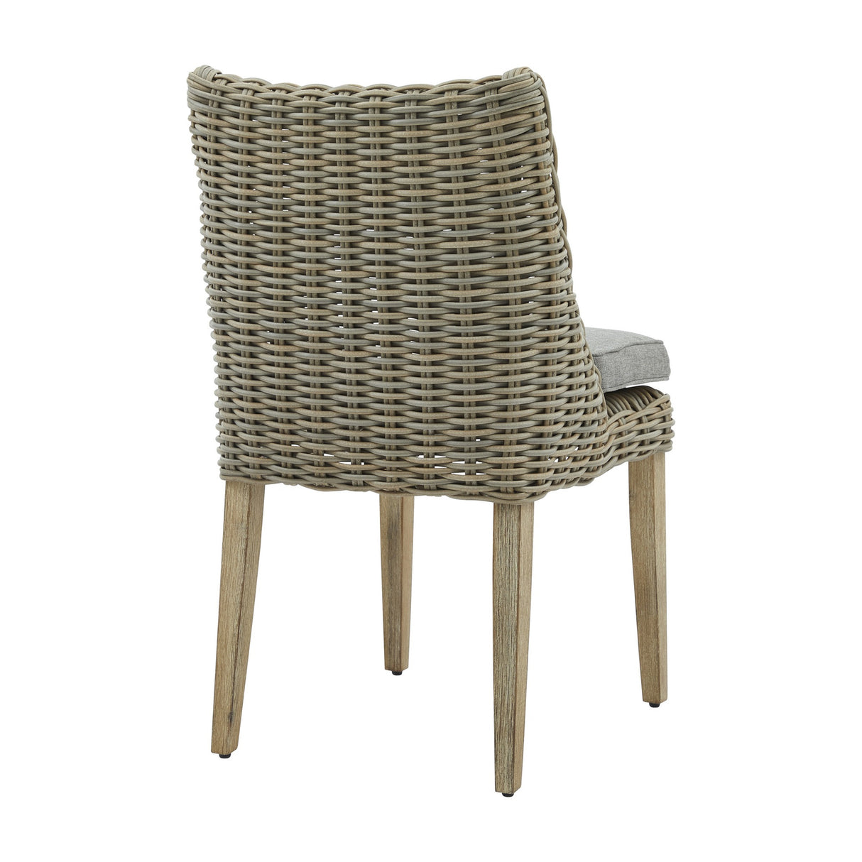 Hill Interiors Outdoor Dining Chair in beige with woven rattan-effect back and sides, grey seat cushion and tapered wooden legs, shown from the rear.