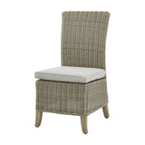 Hill Interiors beige woven rattan-effect outdoor dining chair with high back, light cushioned seat and wooden legs on a plain white background.