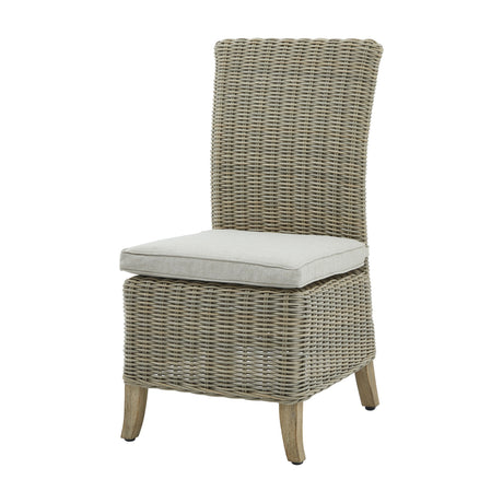 Hill Interiors beige woven rattan-effect outdoor dining chair with high back, light cushioned seat and wooden legs on a plain white background.