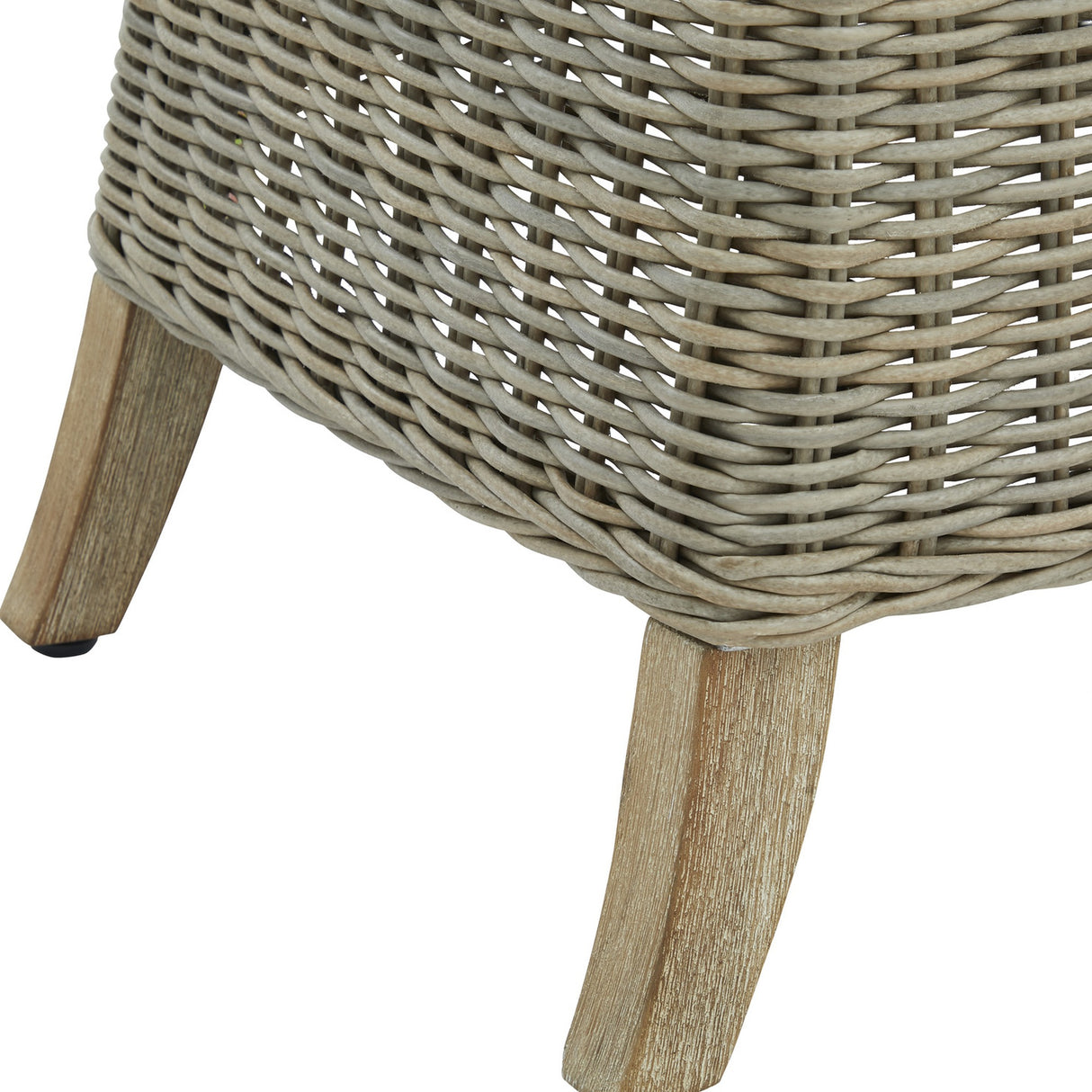 Close-up of Hill Interiors Metal Outdoor Dining Chair in beige, showing woven detailing on the seat base and tapered light wood-effect legs.