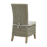 Hill Interiors beige woven dining chair with tall back, tie-on seat cushion and light wood legs, shown from the rear on a plain white background.