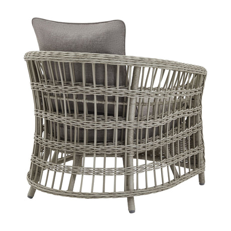 Hill Interiors beige metal outdoor accent chair with woven rounded frame, grey seat cushion and back pillow, shown from the rear on a white background.