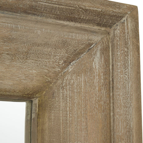 Close-up of the Hill Interiors Round Wall Mirror's brown wooden frame corner, showing natural grain and whitewashed finish on the 8cm deep frame.