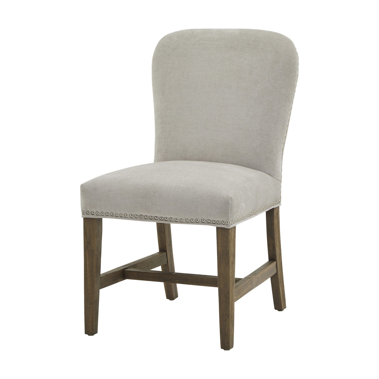 Hill Interiors Grey Wooden Dining Chair with soft grey upholstered back and seat, nailhead trim, and wooden legs with H-stretcher on a white background.