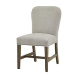Hill Interiors Grey Wooden Dining Chair with soft grey upholstered back and seat, nailhead trim, and wooden legs with H-stretcher on a white background.