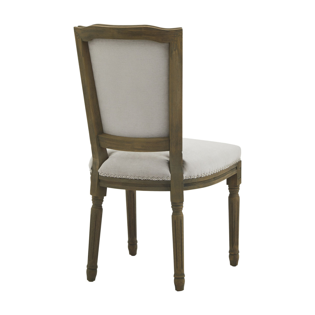Hill Interiors Wooden Dining Chair in grey, rear view showing solid wood frame, upholstered back panel, studded seat trim and fluted turned legs.